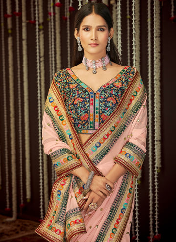 Simple Wedding Wear Pink Georgette Saree With Embroidery Work